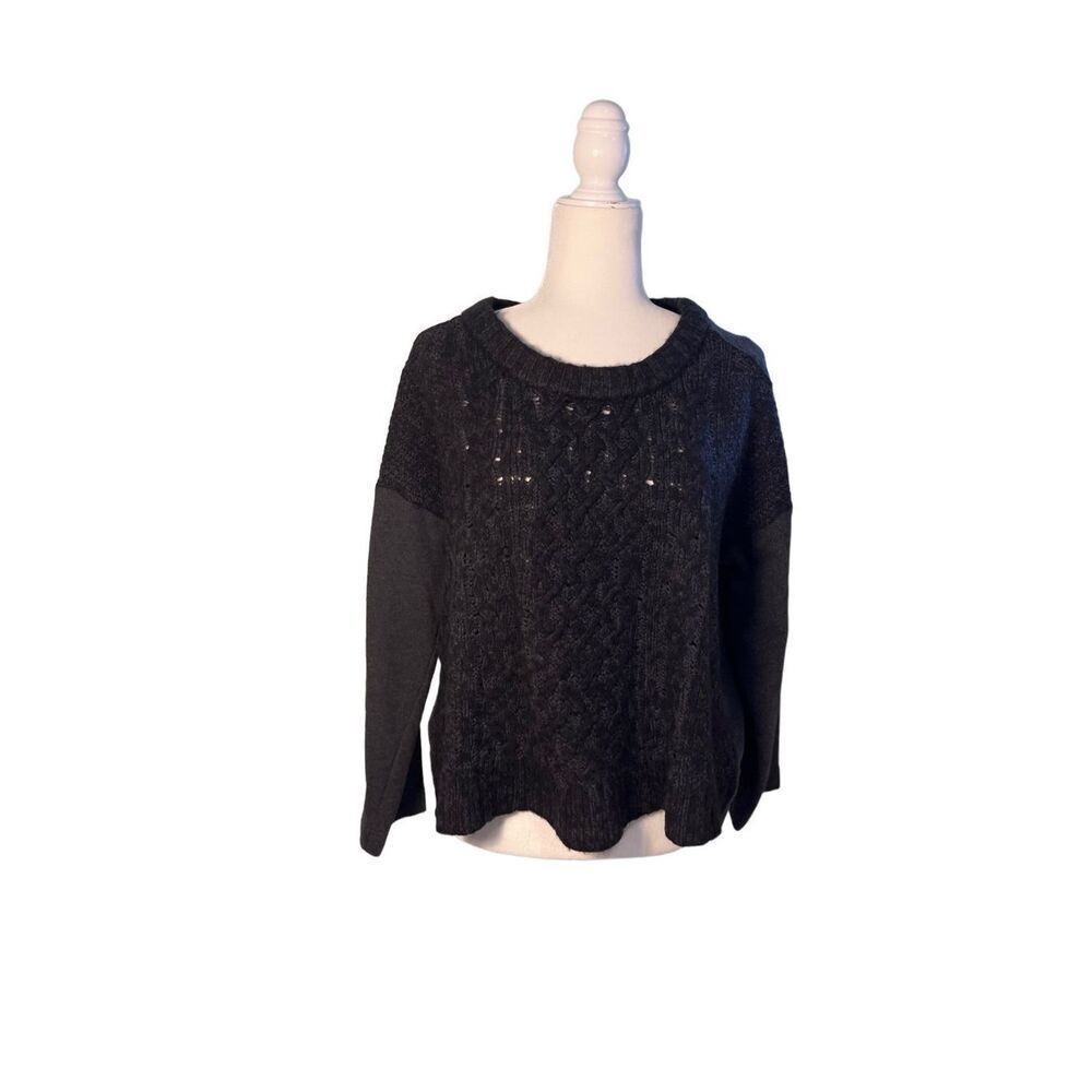 LOFT charcoal gray boxy cut sweater with open knit black  front - XL